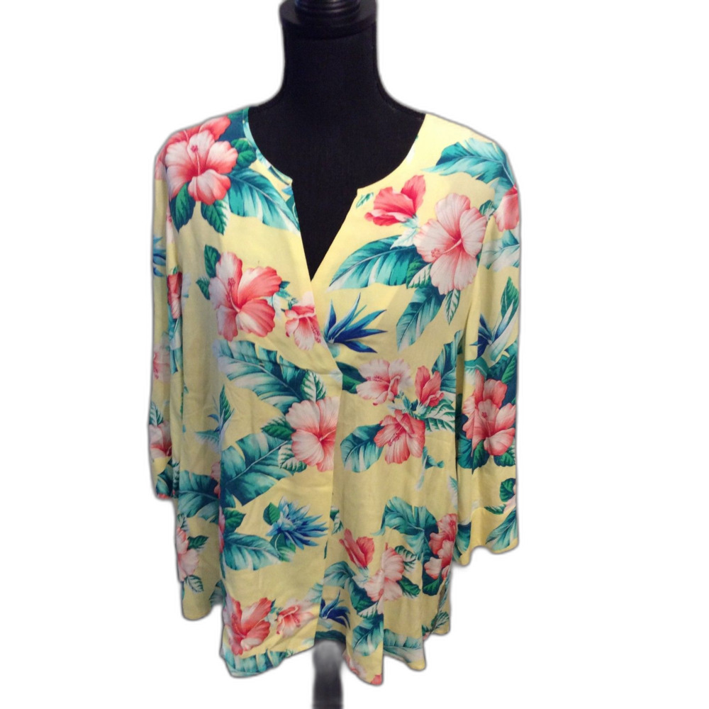 Tommy Bahama Size Large L Floral Tropical Yellow Pull over Top Tunic
